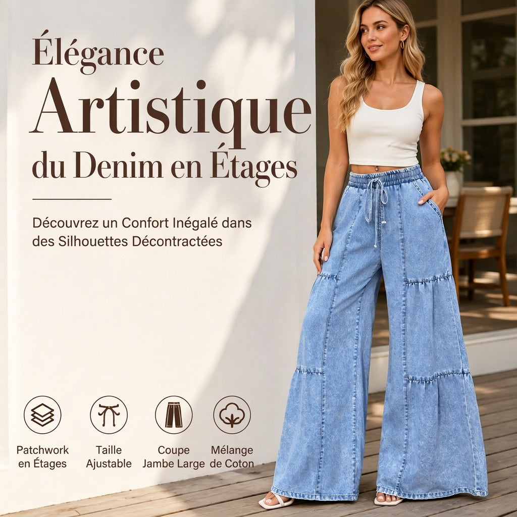 Pantalon en jean taille haute et jambe large pour femme