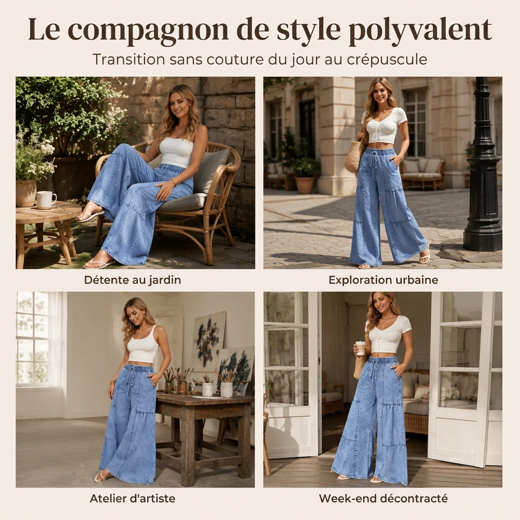 Pantalon en jean taille haute et jambe large pour femme