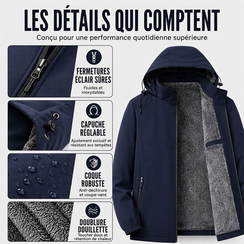 Veste à capuche coupe-vent pour homme, doublée de peluche