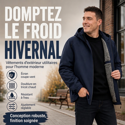 Veste à capuche coupe-vent pour homme, doublée de peluche