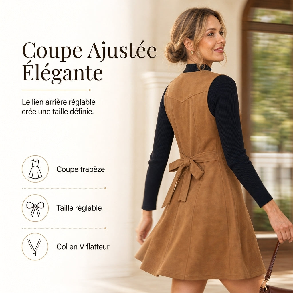 Robe salopette sans manches classique en fausse peau suédée, col en V, boutonnée devant