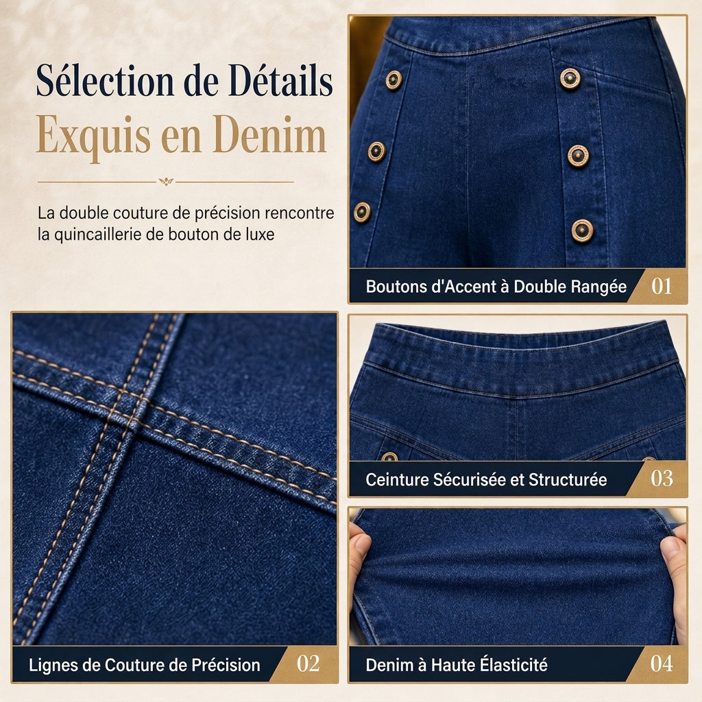 Jeans en denim stretch à taille haute et jambe large avec boutons décoratifs