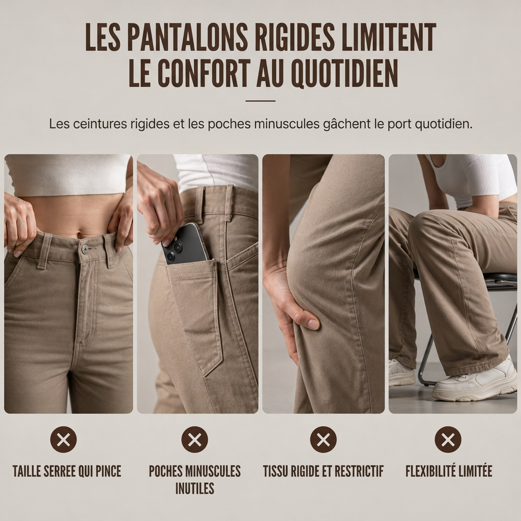 Pantalon cargo ample taille haute pour femme, jambes larges, poches utilitaires, coupe décontractée en mélange coton