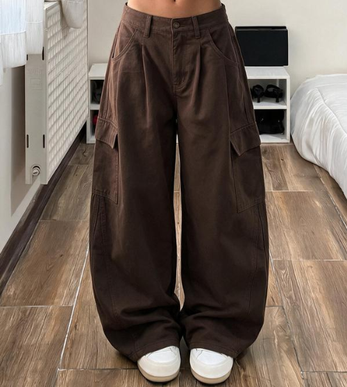 Pantalon cargo ample taille haute pour femme, jambes larges, poches utilitaires, coupe décontractée en mélange coton