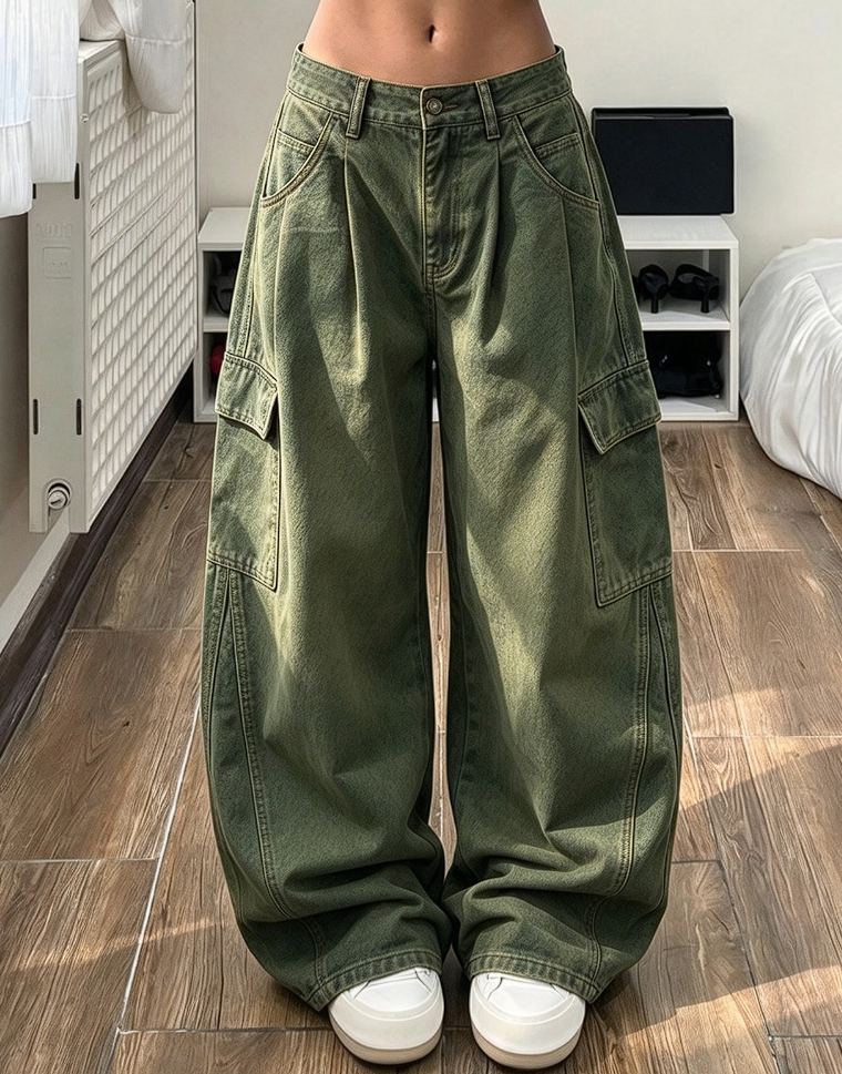 Pantalon cargo ample taille haute pour femme, jambes larges, poches utilitaires, coupe décontractée en mélange coton