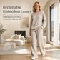 Women's Autumn Winter Ribbed Knit Two Piece Set Casual Long Sleeve Top and Wide Leg Pants