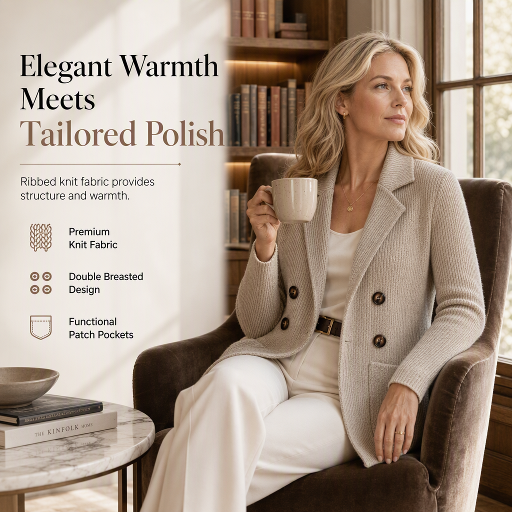 Women's Double-Breasted Ribbed Knit Cardigan with Pockets and Notched Lapel