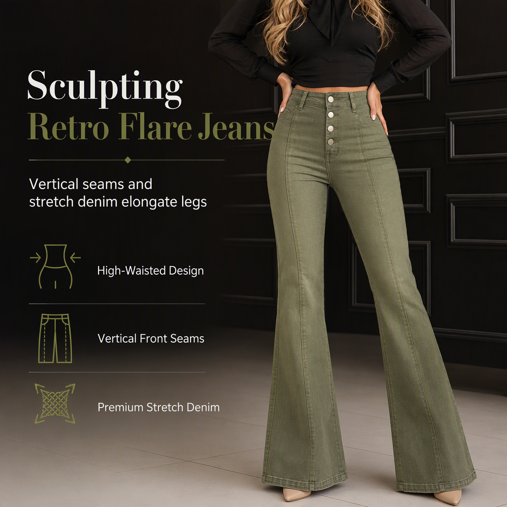 Jean évasé à taille haute et boutons multiples pour femme, vert olive, avec coutures verticales sur le devant