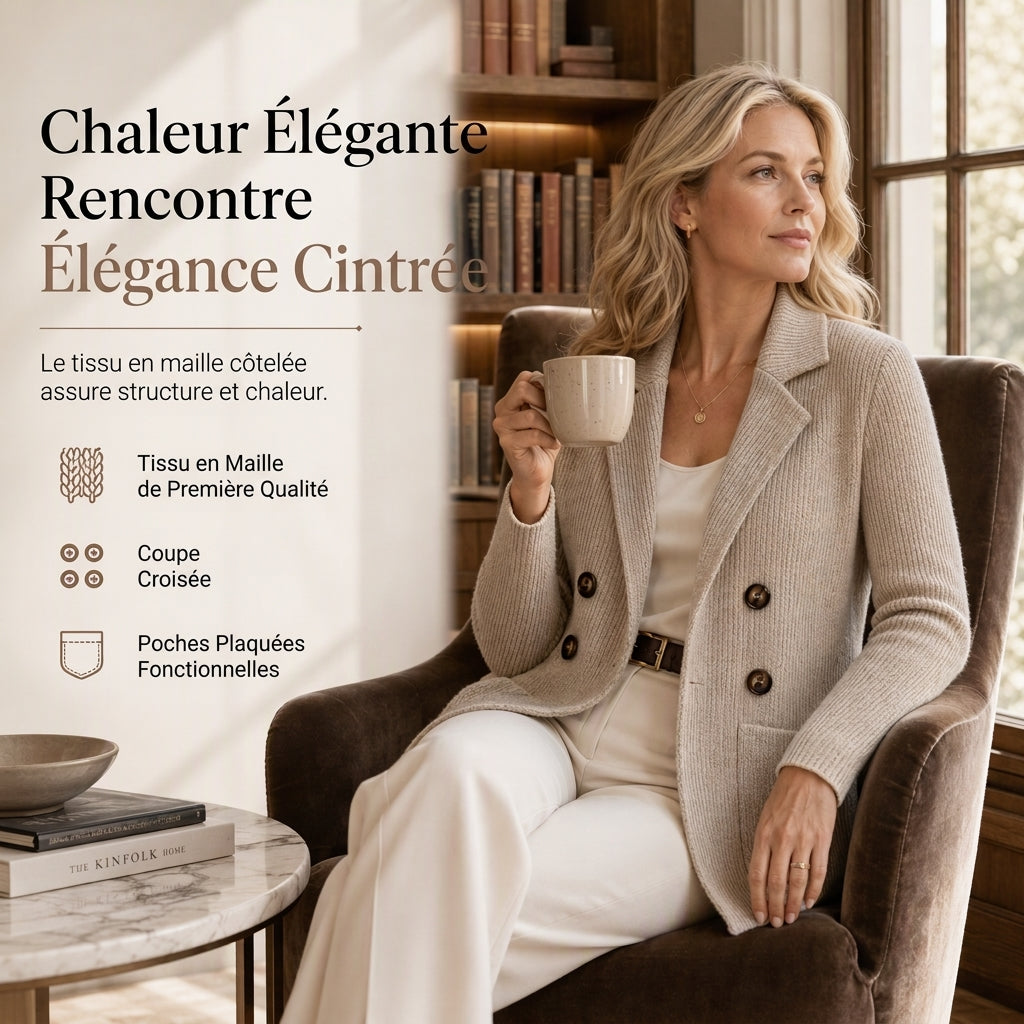 Cardigan en maille côtelée double boutonnage pour femme avec poches et col châle