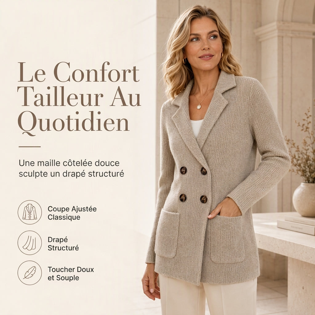 Cardigan en maille côtelée double boutonnage pour femme avec poches et col châle