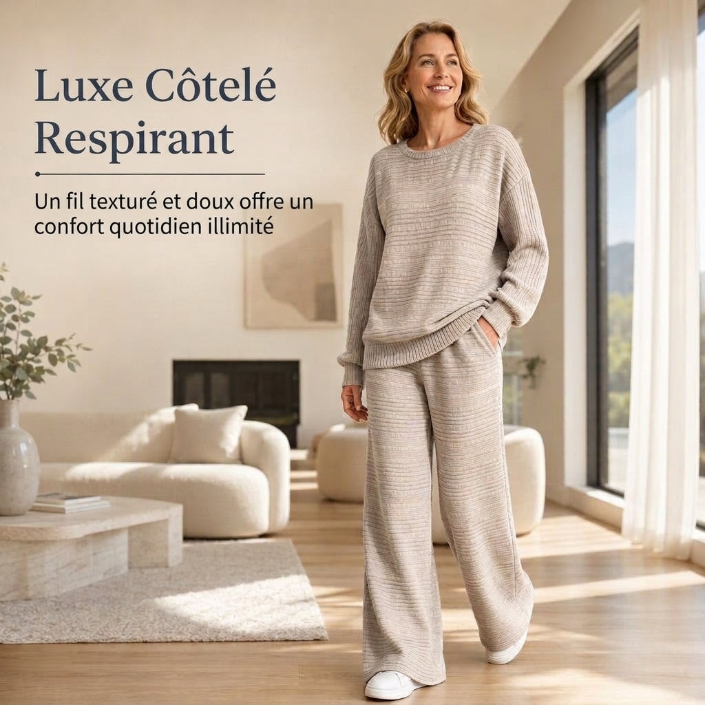 📢🎉-50 %!!!🛍️✨Ensemble deux pièces en maille côtelée pour femme, automne-hiver, manches longues, décontracté, composé d'un haut et d'un pantalon large