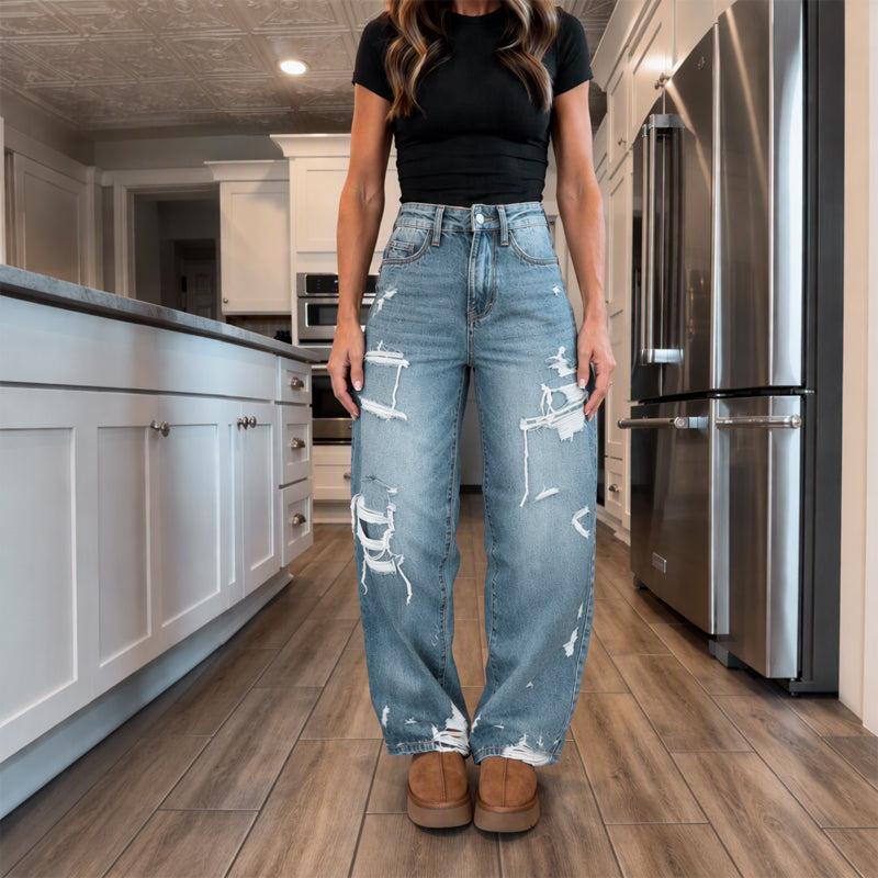 Pantalon en jean large et déchiré élégant pour femme