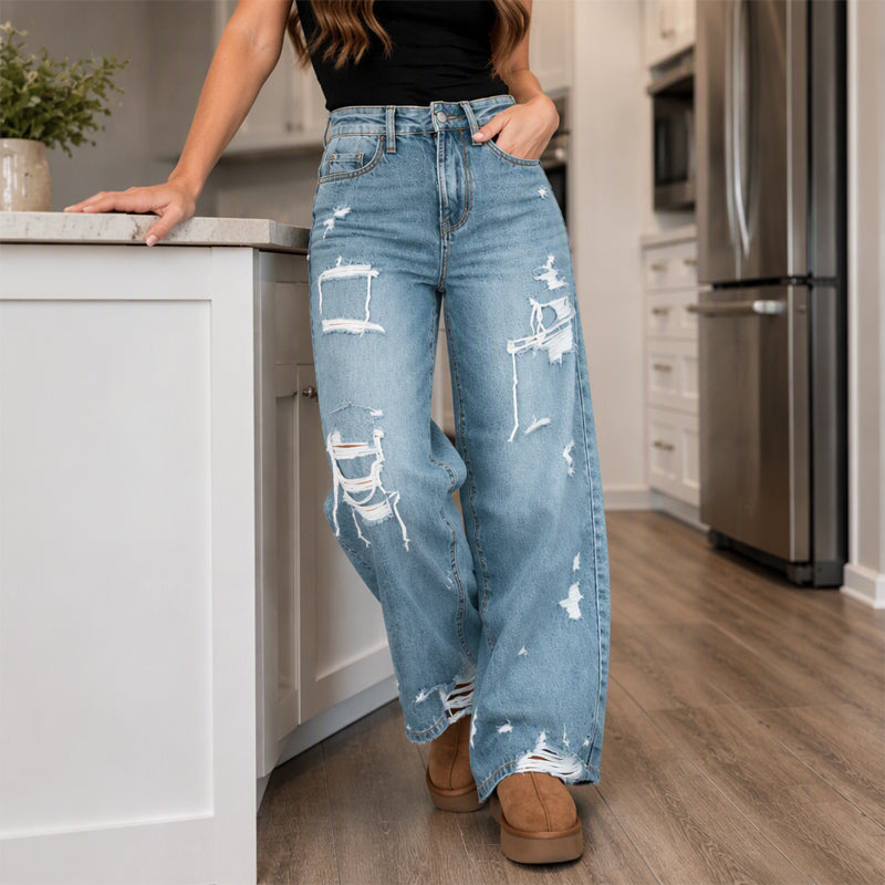 Pantalon en jean large et déchiré élégant pour femme