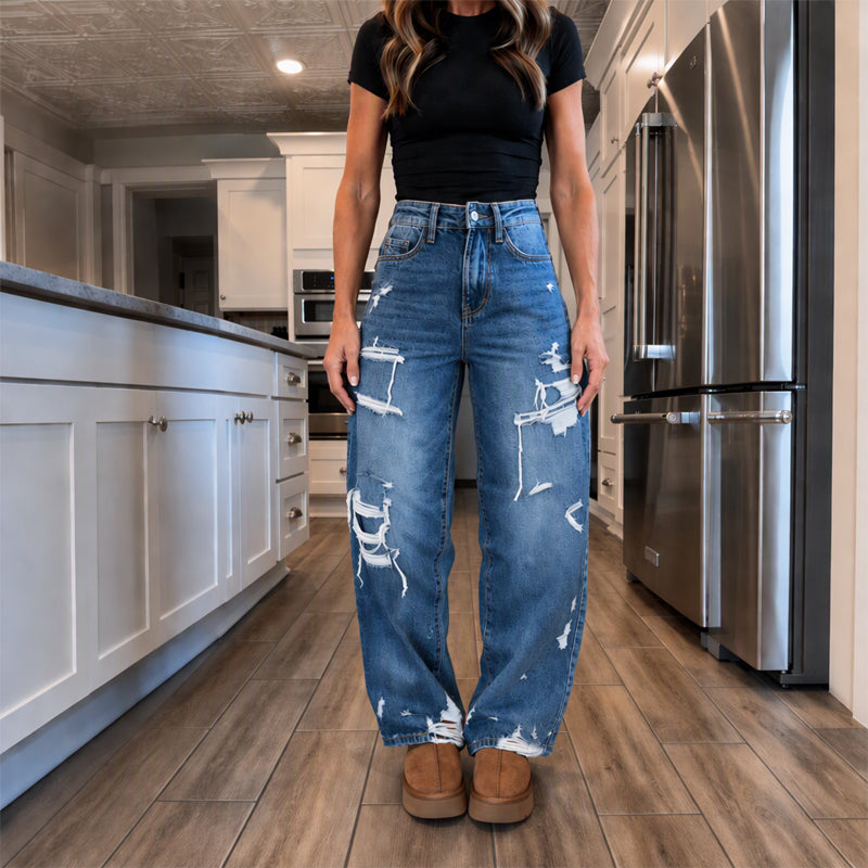 Pantalon en jean large et déchiré élégant pour femme
