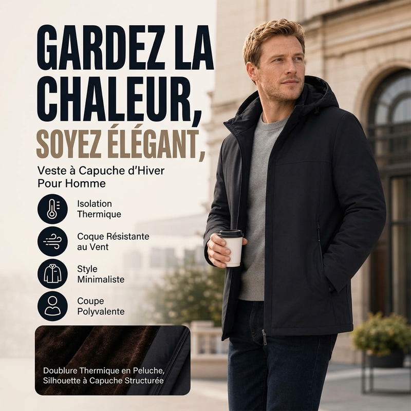 Veste à capuche doublée chaude pour homme, hiver