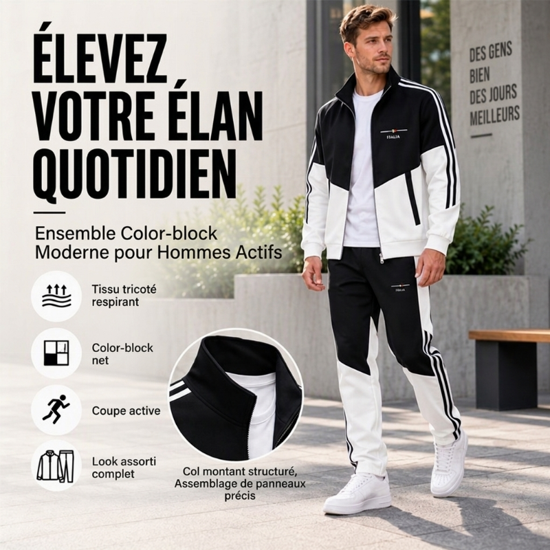 📢📢50 % DE RÉDUCTION !! ⏰Ensemble Veste Zippée à Bloc de Couleurs et Pantalon à Cordon de Serrage pour Homme