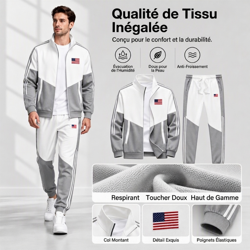 📢📢50 % DE RÉDUCTION !! ⏰Ensemble Veste Zippée à Bloc de Couleurs et Pantalon à Cordon de Serrage pour Homme