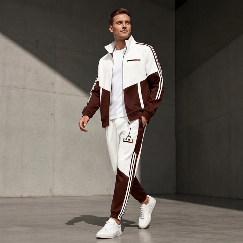 📢📢50 % DE RÉDUCTION !! ⏰Ensemble Veste Zippée à Bloc de Couleurs et Pantalon à Cordon de Serrage pour Homme