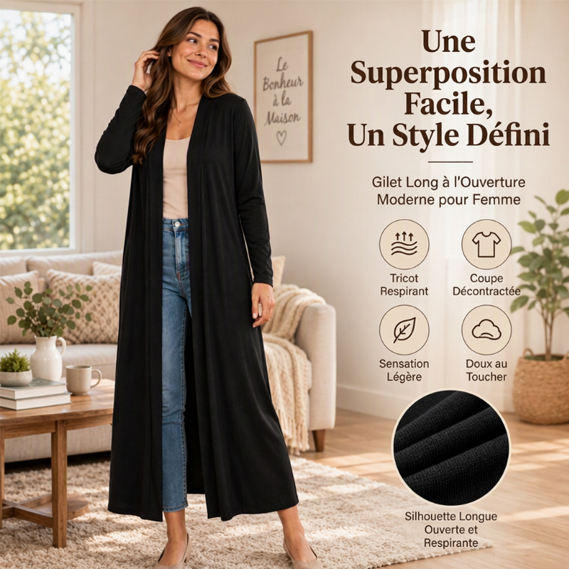 Gilet long maxi ouvert devant pour femme