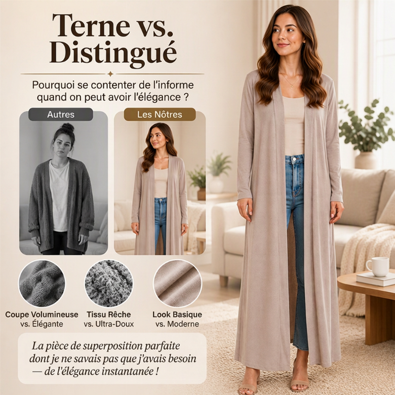 Gilet long maxi ouvert devant pour femme
