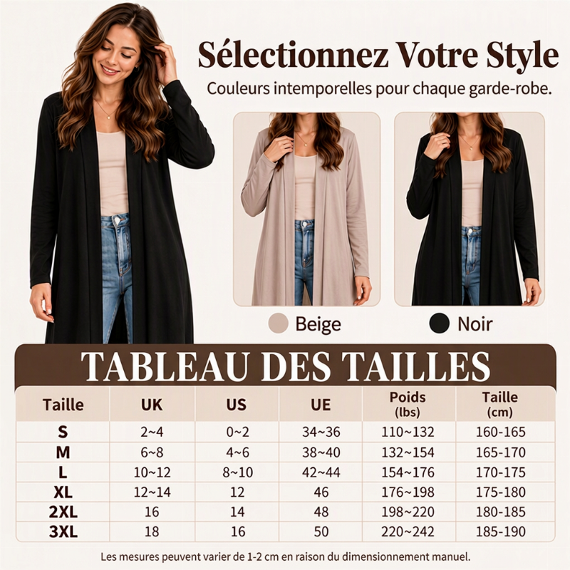 Gilet long maxi ouvert devant pour femme