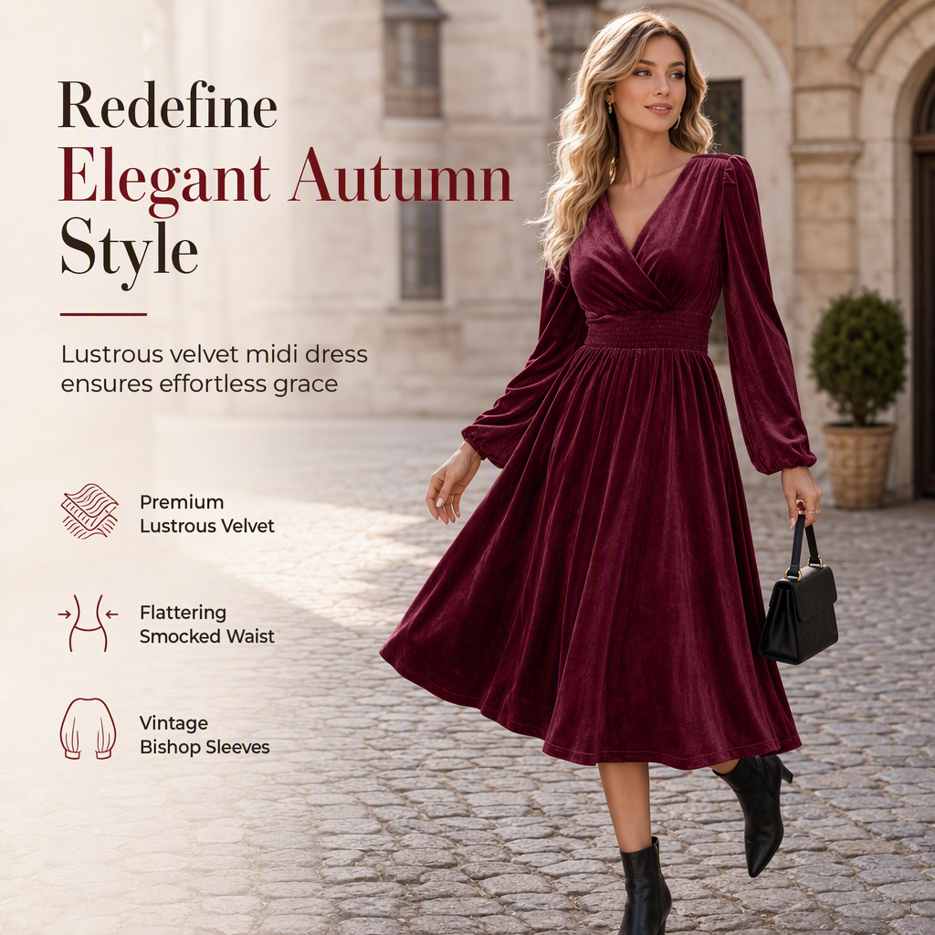 Robe longue à manches longues et col en V en velours uni pour femme