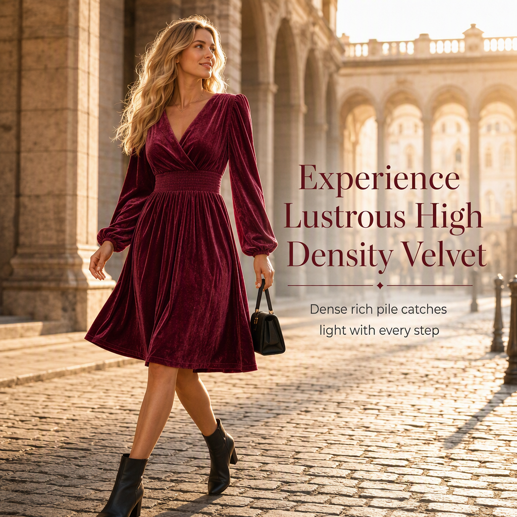 Robe longue à manches longues et col en V en velours uni pour femme