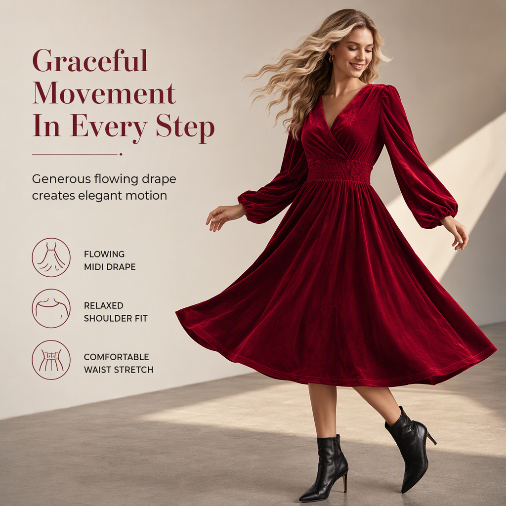 Robe longue à manches longues et col en V en velours uni pour femme