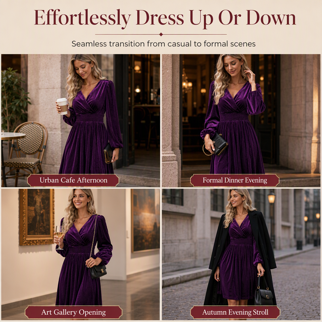Robe longue à manches longues et col en V en velours uni pour femme
