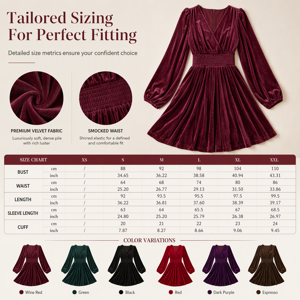Robe longue à manches longues et col en V en velours uni pour femme
