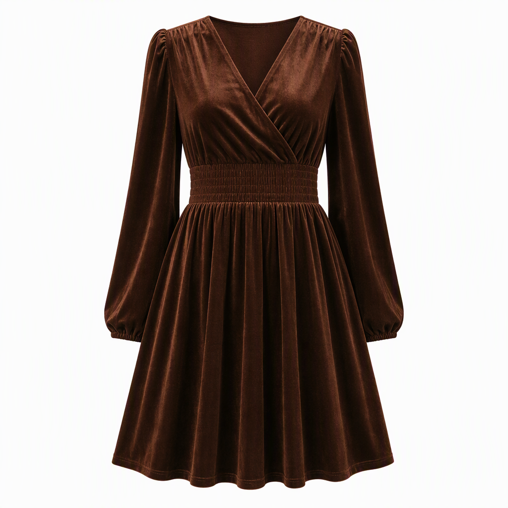 Robe longue à manches longues et col en V en velours uni pour femme