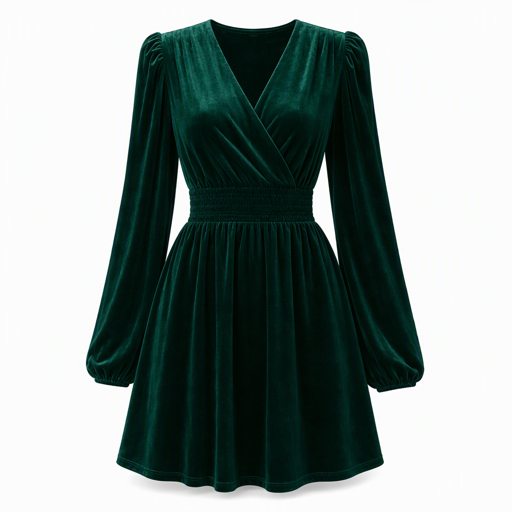 Robe longue à manches longues et col en V en velours uni pour femme