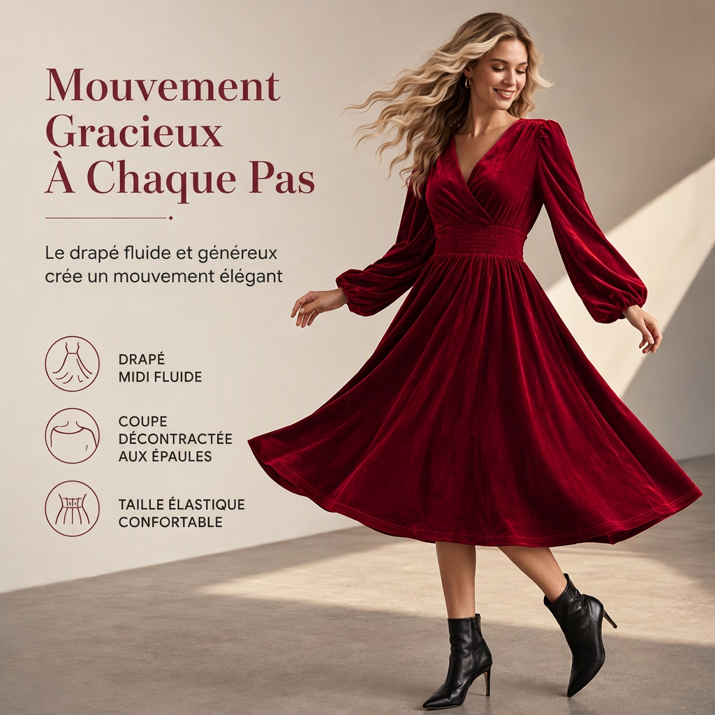 Robe longue en velours unicolore à col en V et manches longues pour femme