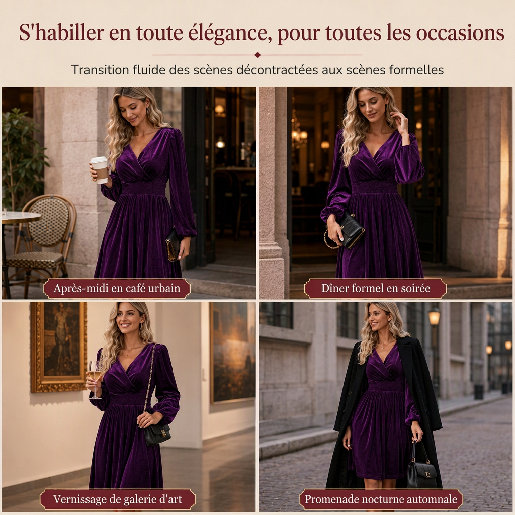 Robe longue en velours unicolore à col en V et manches longues pour femme