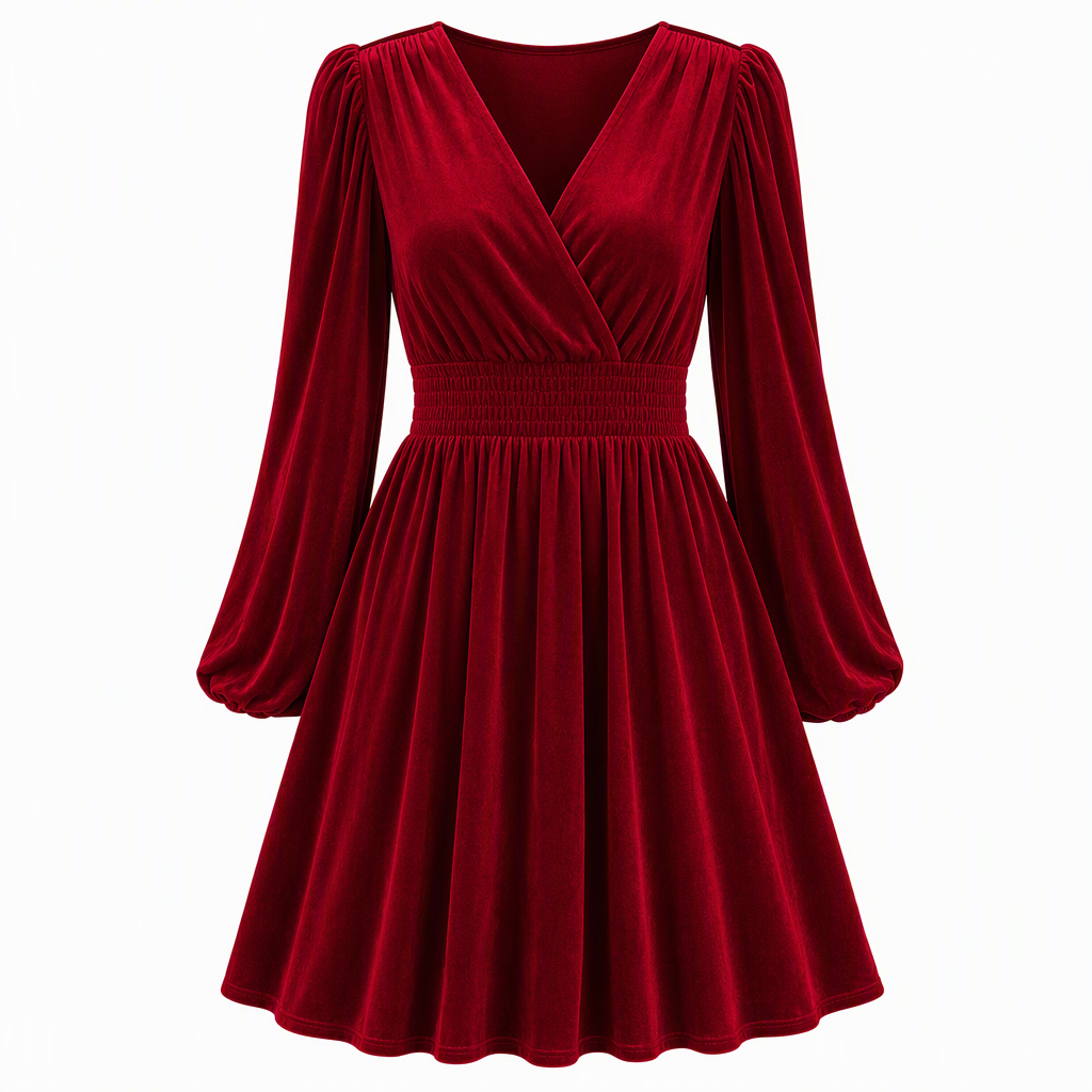 Robe longue en velours unicolore à col en V et manches longues pour femme