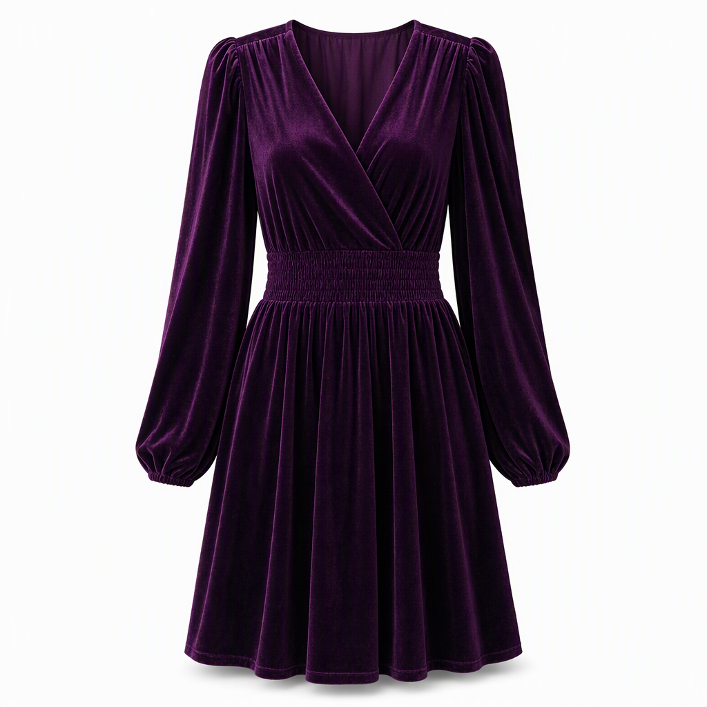 Robe longue en velours unicolore à col en V et manches longues pour femme