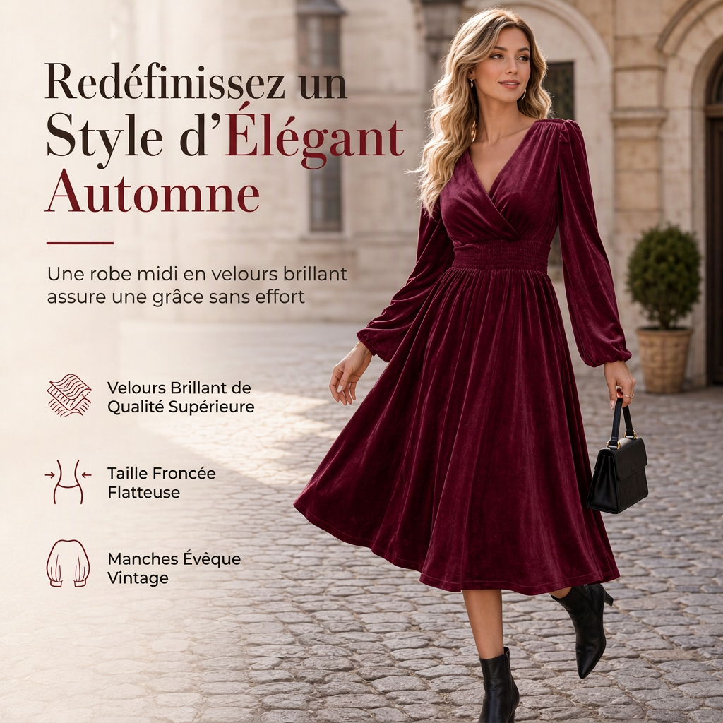 Robe longue en velours unicolore à col en V et manches longues pour femme