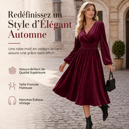 Robe longue en velours unicolore à col en V et manches longues pour femme