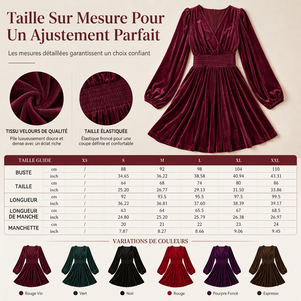 Robe longue en velours unicolore à col en V et manches longues pour femme