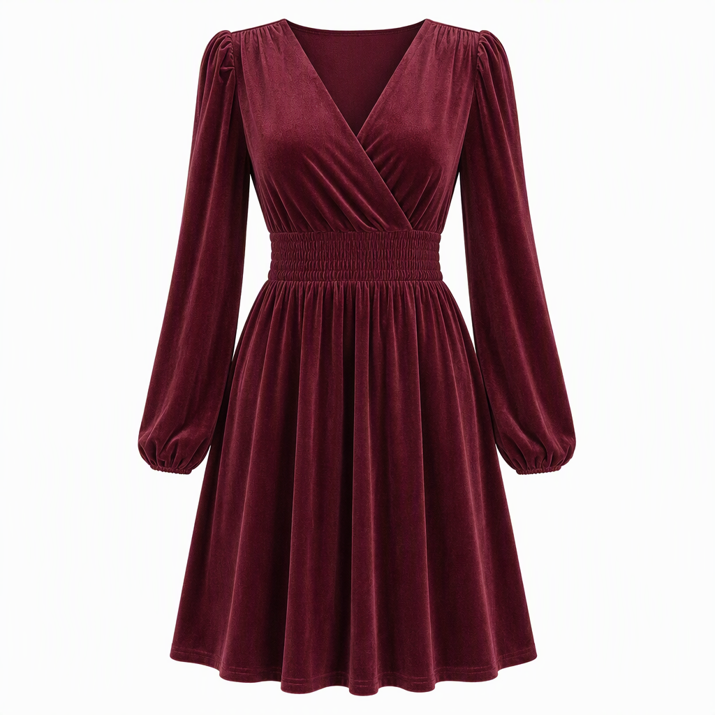 Robe longue en velours unicolore à col en V et manches longues pour femme