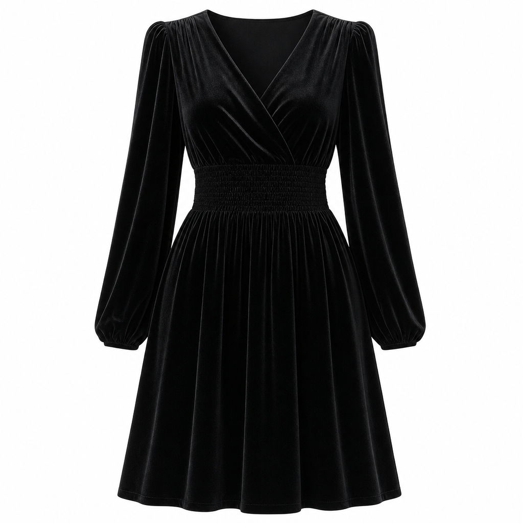 Robe longue en velours unicolore à col en V et manches longues pour femme