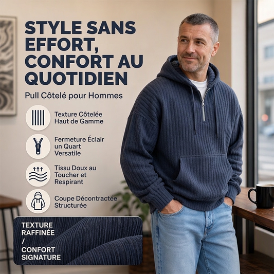 🔥 50% de réduction 🔥Sweat-shirt à capuche en velours côtelé demi-zip pour homme
