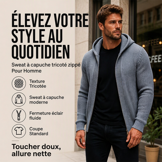 Pull en maille à capuche et à fermeture éclair décontracté pour homme