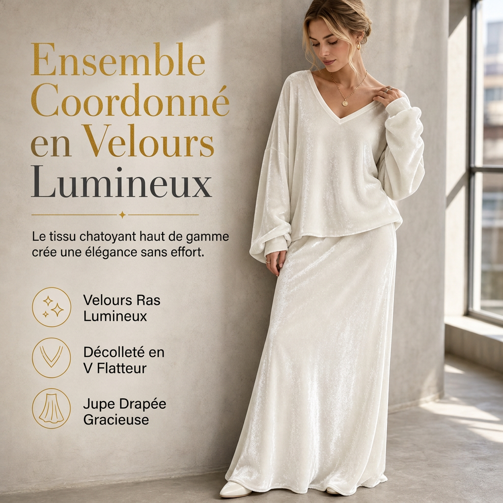 Ensemble deux pièces en velours de couleur unie pour femme, avec sweat à col V profond et coupe ample et jupe longue évasée