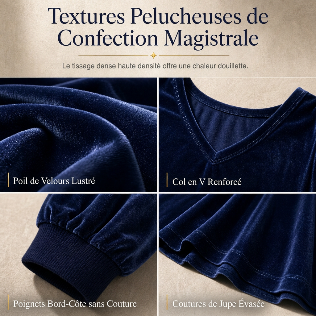 Ensemble deux pièces en velours de couleur unie pour femme, avec sweat à col V profond et coupe ample et jupe longue évasée