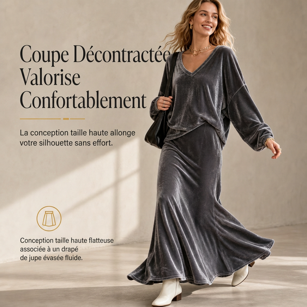 Ensemble deux pièces en velours de couleur unie pour femme, avec sweat à col V profond et coupe ample et jupe longue évasée
