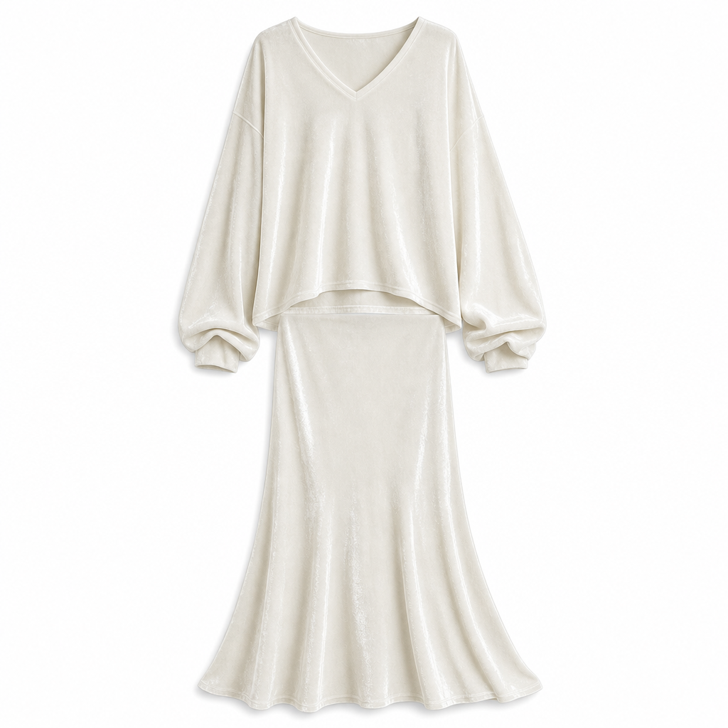 Ensemble deux pièces en velours de couleur unie pour femme, avec sweat à col V profond et coupe ample et jupe longue évasée