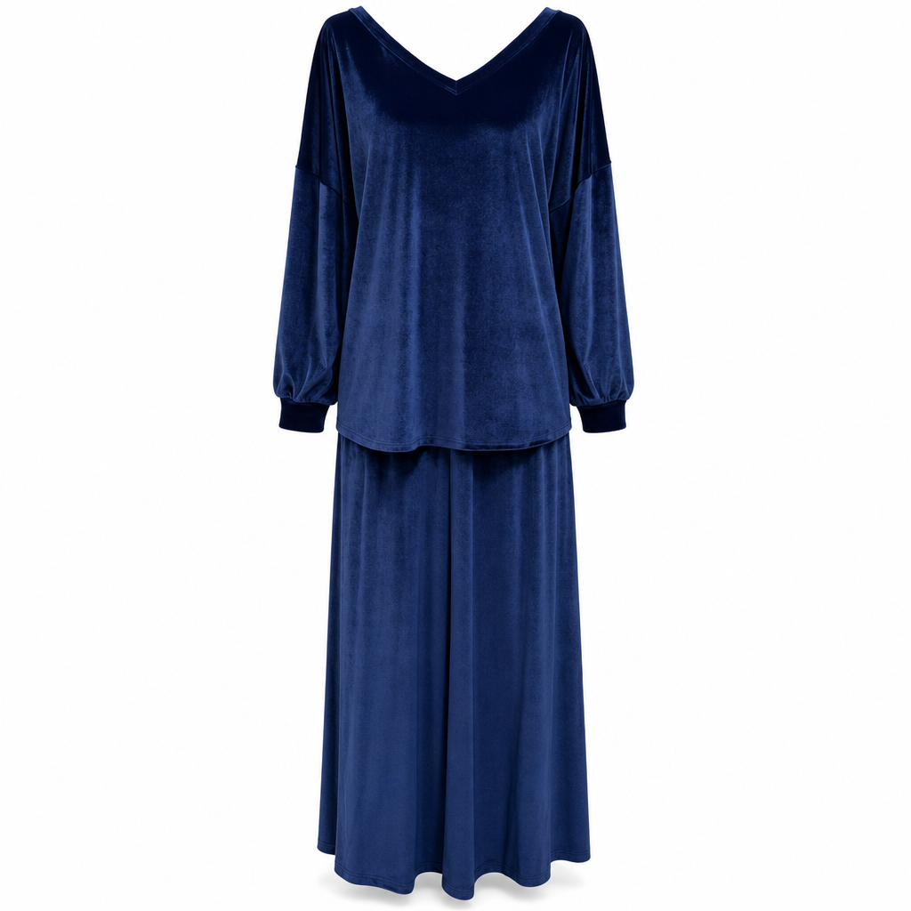 Ensemble deux pièces en velours de couleur unie pour femme, avec sweat à col V profond et coupe ample et jupe longue évasée