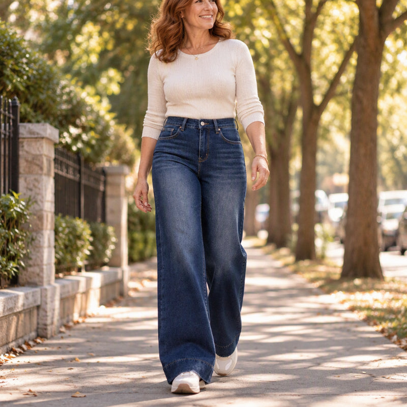 Jeans thermiques à taille haute et jambe large pour femme