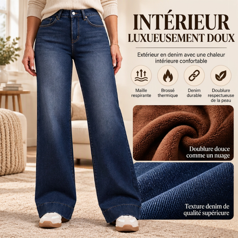 Jeans thermiques à taille haute et jambe large pour femme